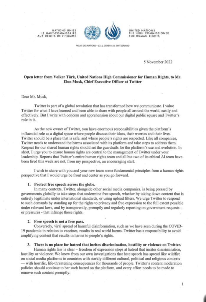 Carta ONU a Elon Musk