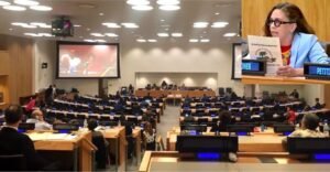 Dr. Beatriz Llenín, portavoz de la coalición Defiende a Cabo Rojo, testifica ante el Comité de Descolonización de la ONU. Foto: Facebook.com/defiendecaborojo