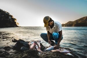 Hombre limpia pescados en la orilla de la playa en Taganga, Magdalena, Colombia. Foto: Sebastián Sánchez, Pexels.