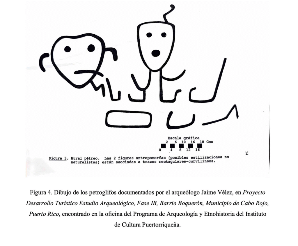 Petroglifos documentados por el arqueólogo Jaime Vélez, en Proyecto Desarrollo Turístico Estudio Arqueológico, Fase IB, Barrio Boquerón, Municipio de Cabo Rojo, Puerto Rico, encontrado en la oficina del Programa de Arqueología y Etnohistoria del Instituto de Cultura Puertorriqueña.