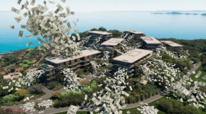 Imagen conceptual satírica y de opinión del reportaje, utilizando IA y un render arquitectónico de los desarrolladores de Moncayo Resort. Banana Gemini AI | mareaecologista.com.