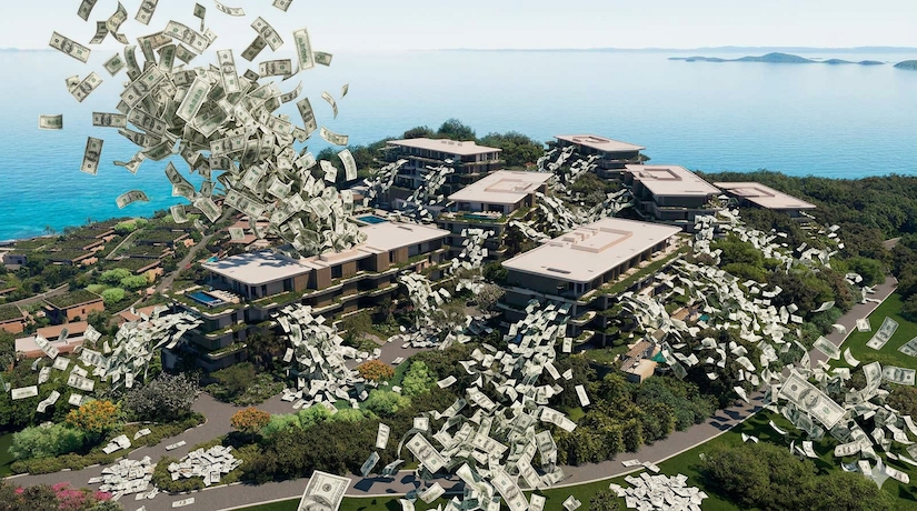 Imagen conceptual satírica y de opinión del reportaje, utilizando IA y un render arquitectónico de los desarrolladores de Moncayo Resort. Banana Gemini AI | mareaecologista.com.